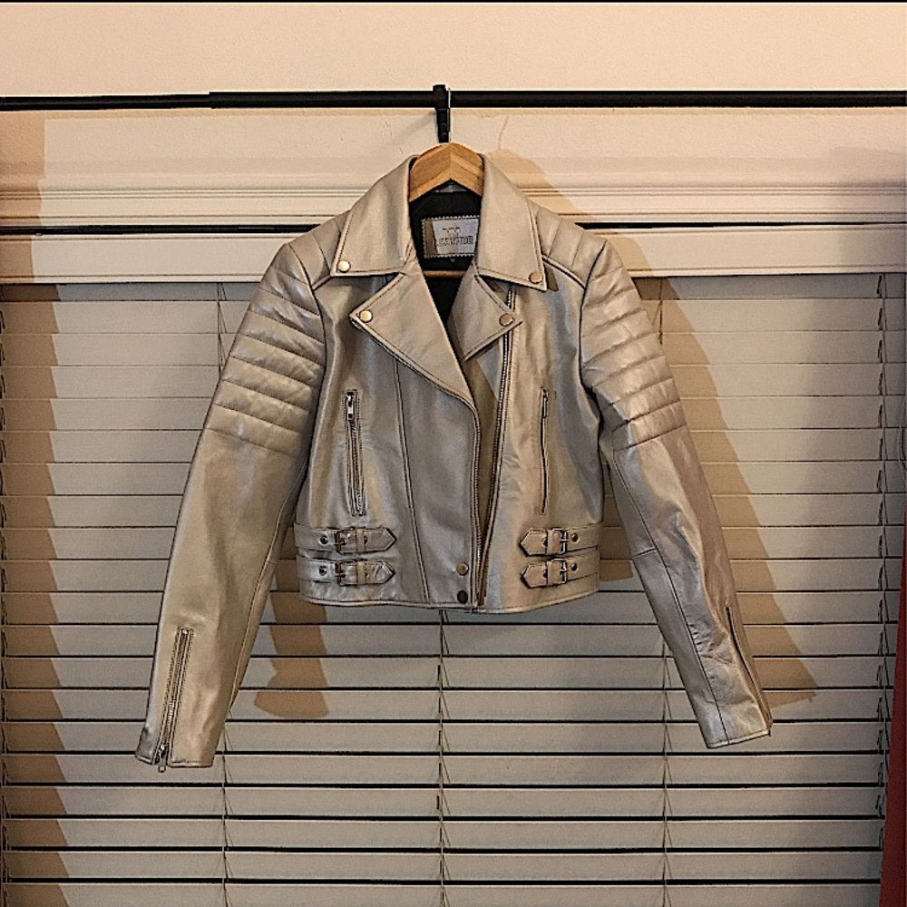 Womens Shiny Platinum Silver Leather Motorcycle Jacket